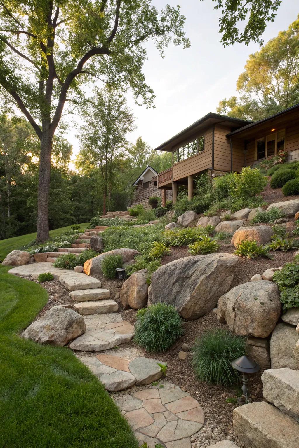Natural stone features enhance the rustic charm of sloped yards.