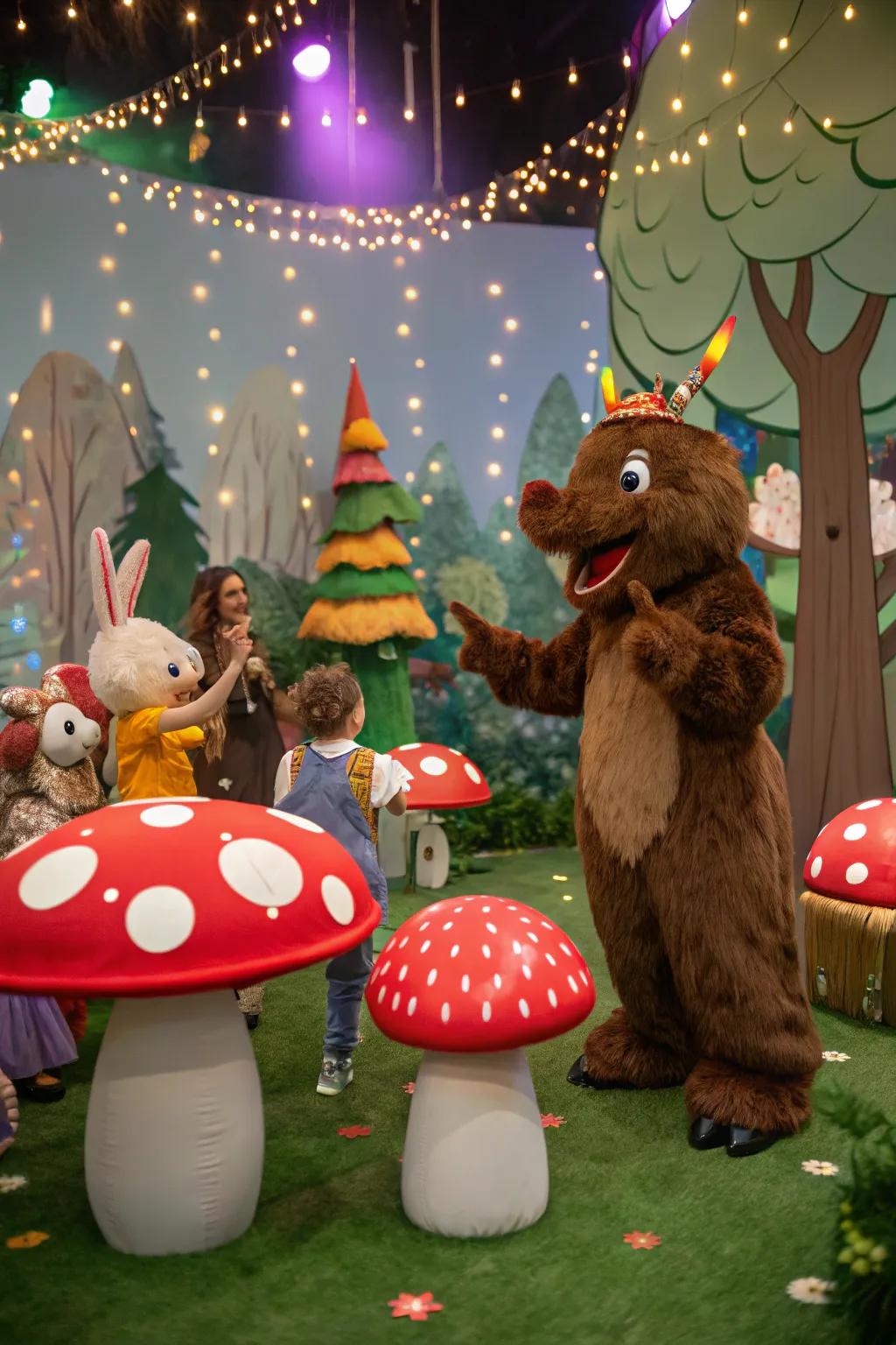 Enchanted being props like oversized fungi inject fantasy into the celebration ornamentation.