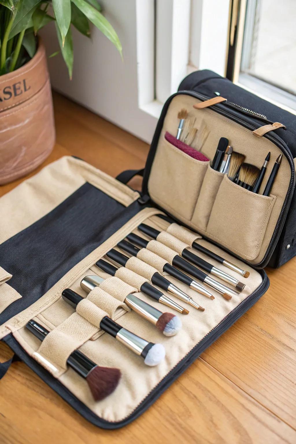 Brush carriers offer practical and portable storage for makeup brushes.