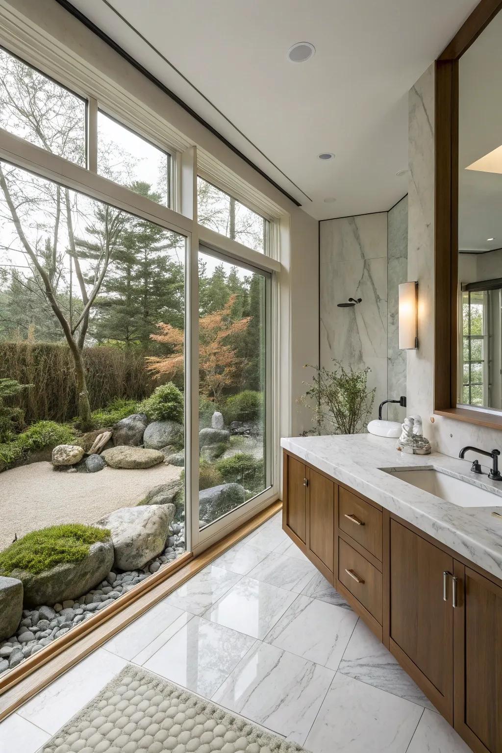 A Zen garden view enhances the tranquility of this primary bathroom.