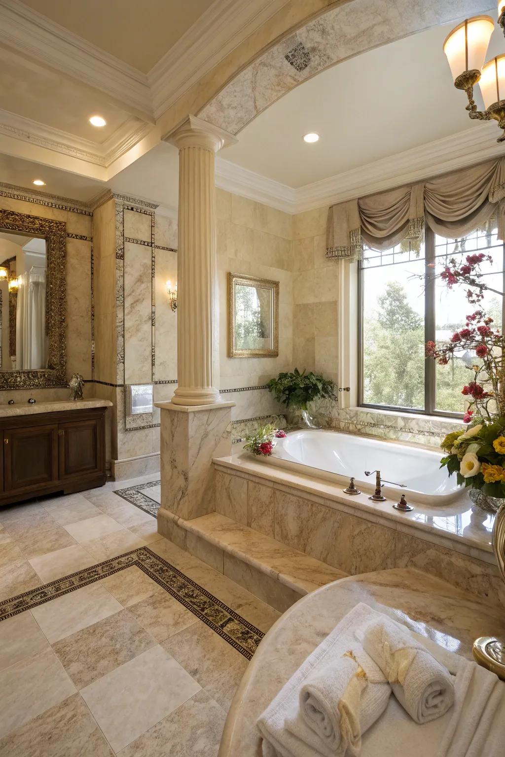 High-end materials bring an extravagant and classic feel to the bathroom.