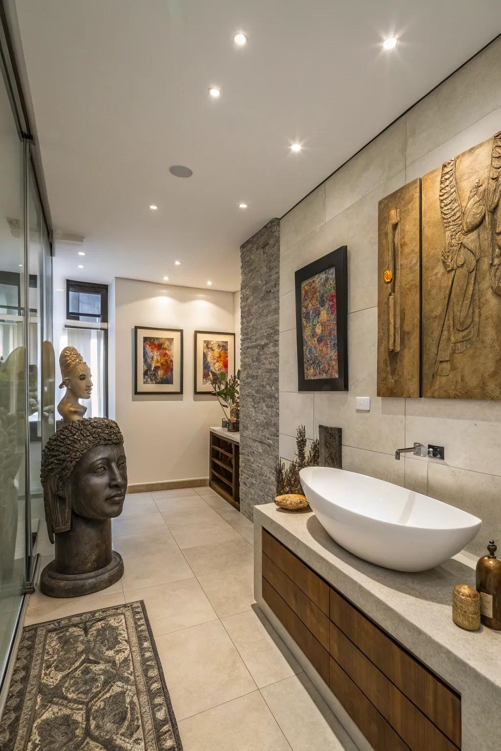 Bathroom transformed with inventive elements, creating a gallery-like space.