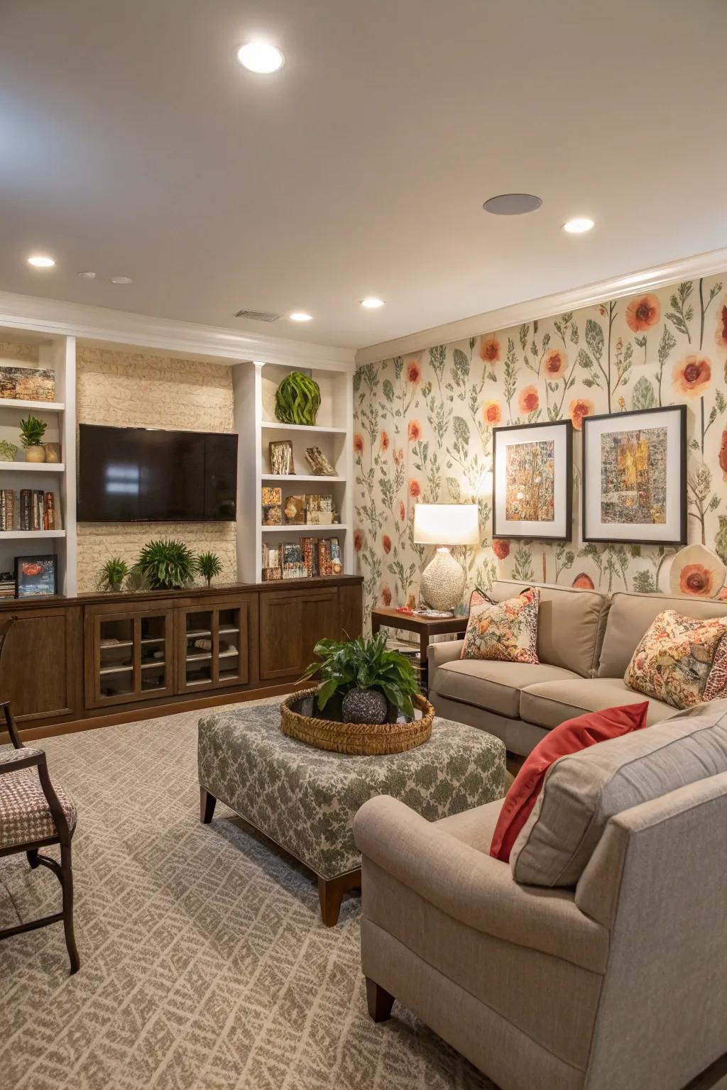 Engaging wallpaper brings surprise and delight to a family space.