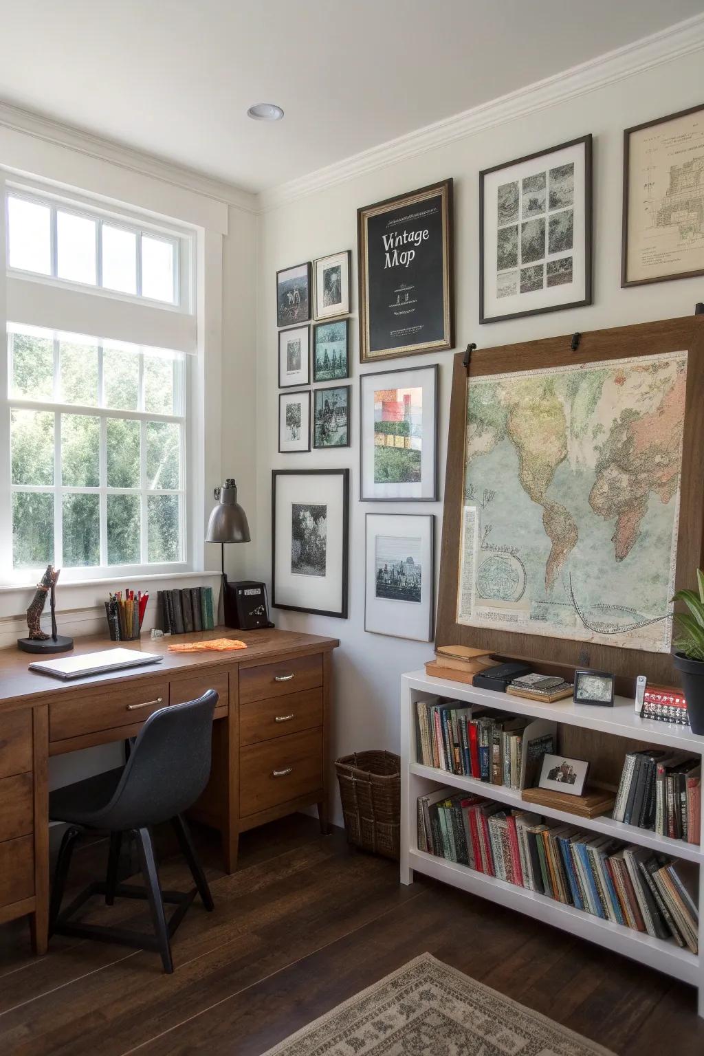 A functional gallery wall combines decor with practicality.