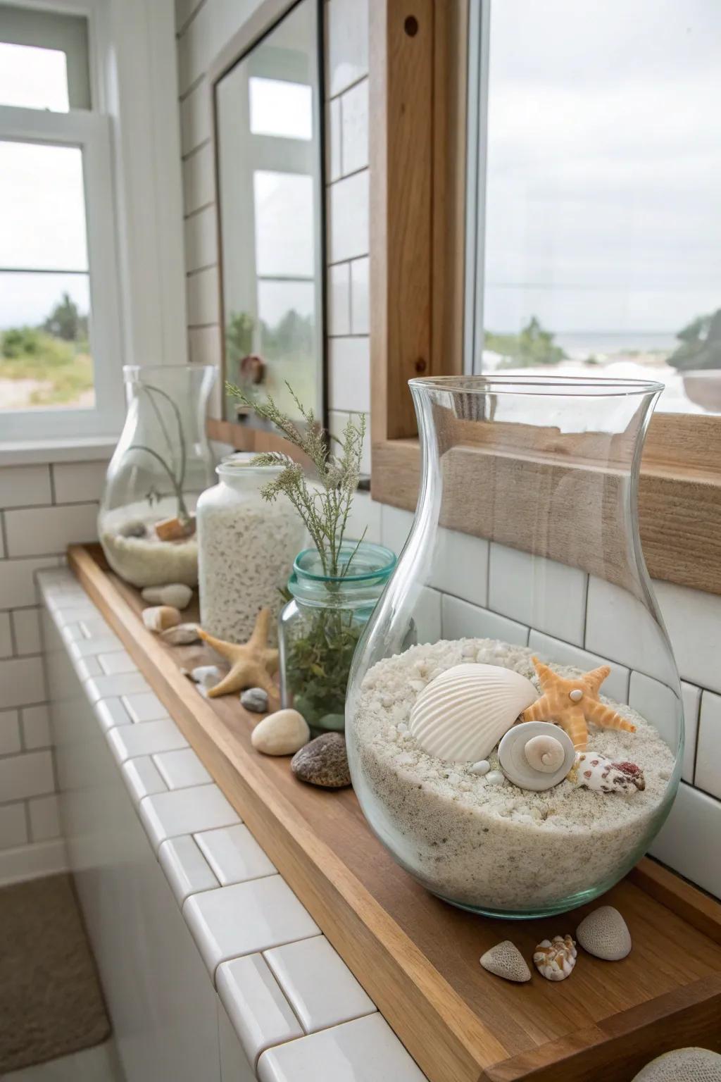 Sea glass vases bring a subtle coastal beauty to the room.