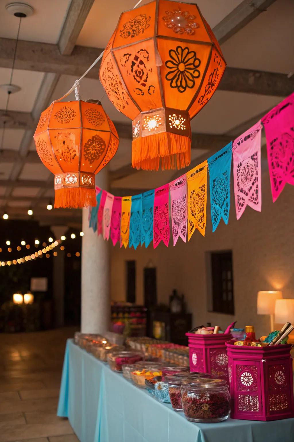 Illuminate your candy buffet with Mexican lanterns, adding warmth and ambiance to your setup.