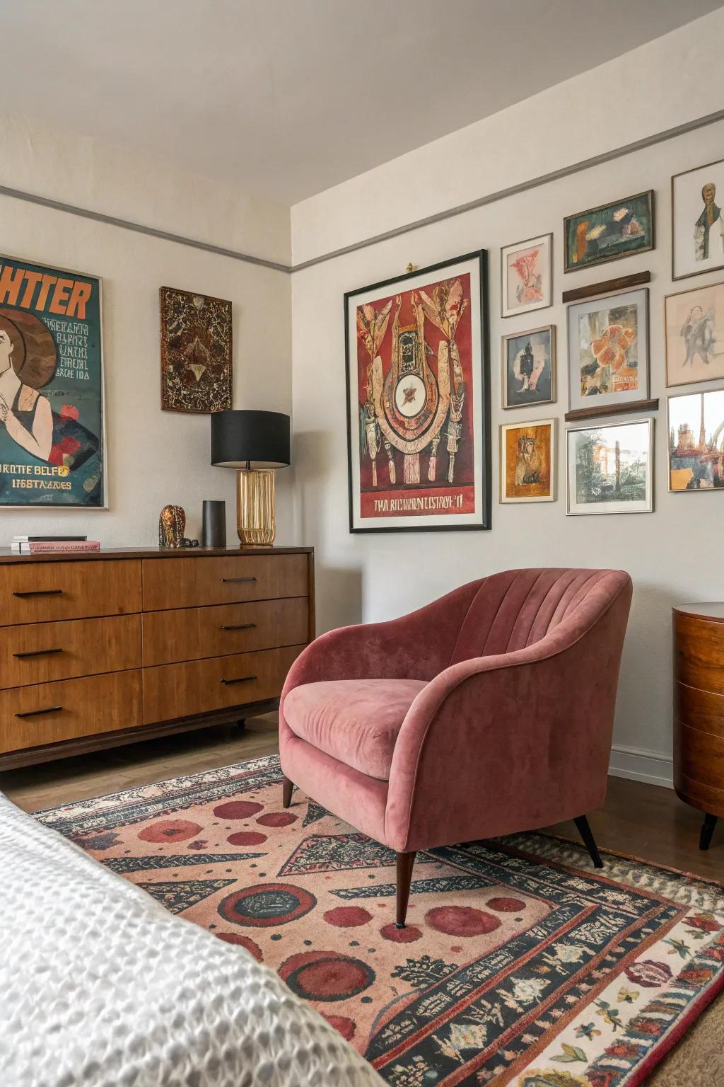 Bold retro art pieces add personality to this mid-century modern bedroom.