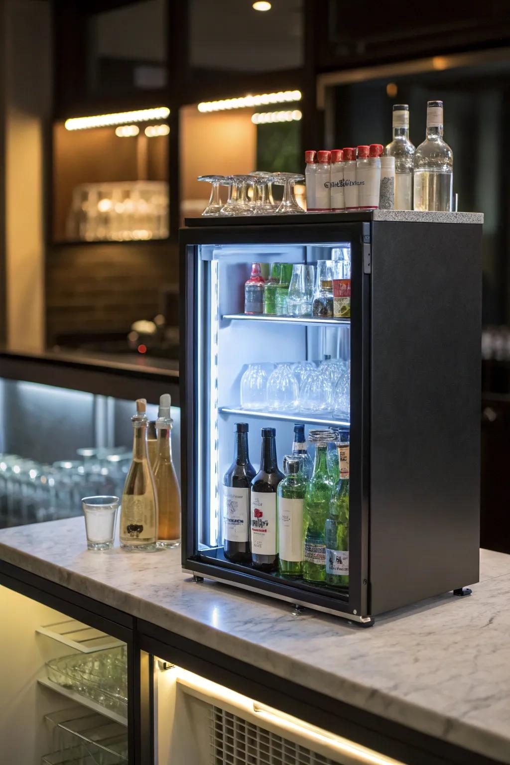 Energy-efficient LEDs maintain the mini bar's eco-friendliness.