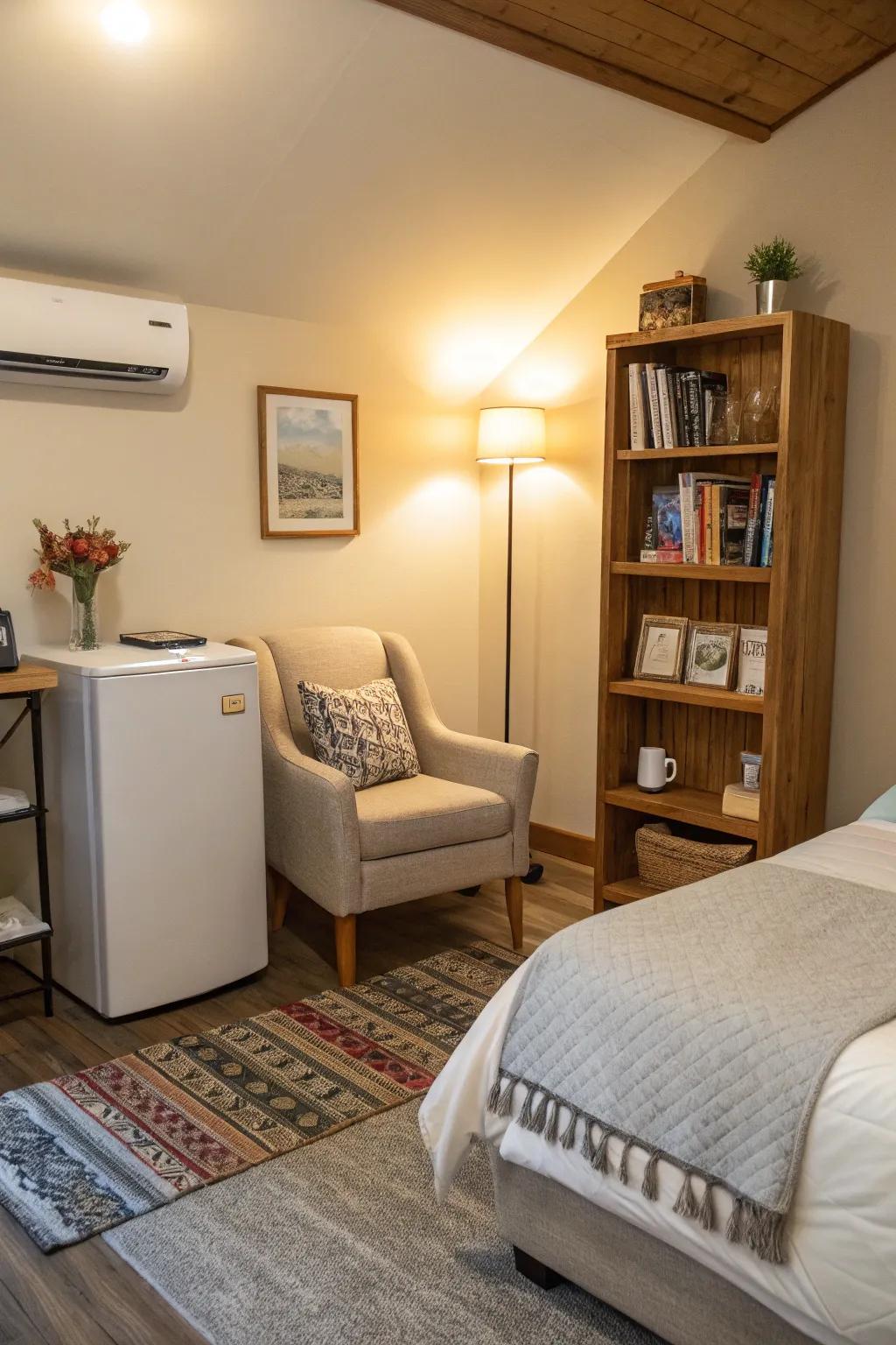A tech-free zone within a bedroom showcasing a miniature refrigerator and a snug reading nook.