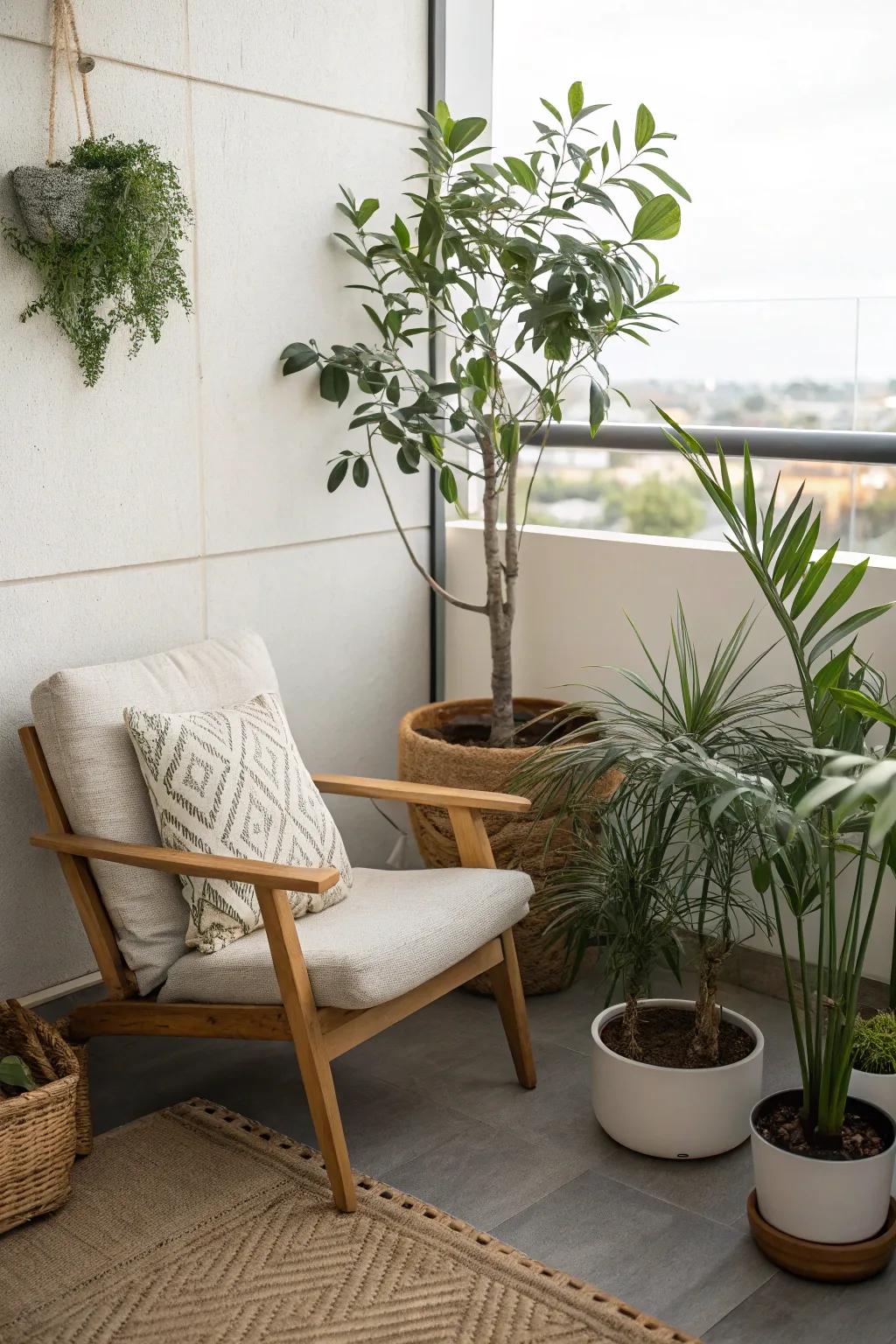 A serene Zen nook featuring minimalist decor and verdant plants.