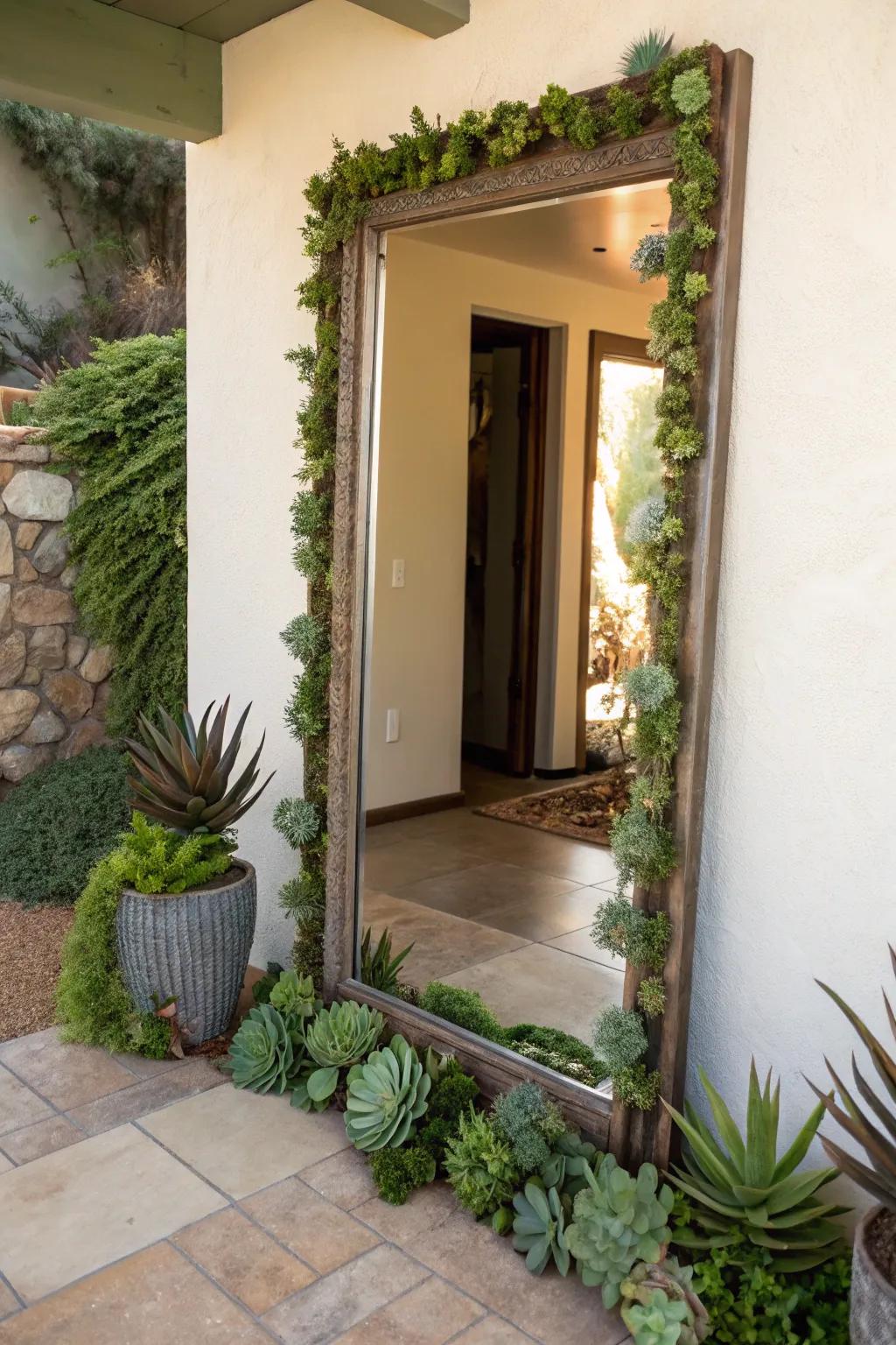 A succulent-adorned mirror frame makes a stunning statement.
