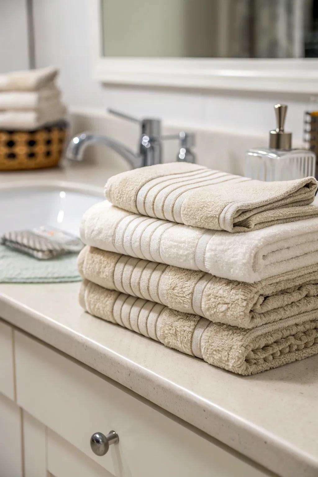 Layered towels add warmth and texture to the decor.