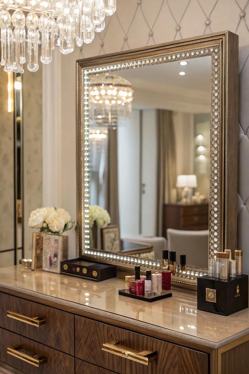 A mirrored frame enhances sparkle and depth in an elegant dressing area.