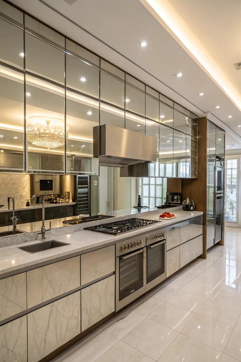 Mirrored splashbacks amplify light and openness in cooking areas.