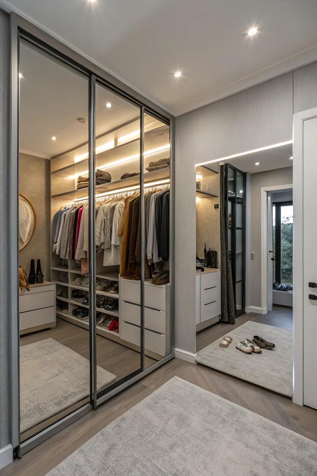 Utilize mirrored doors as dividers in open closet layouts.