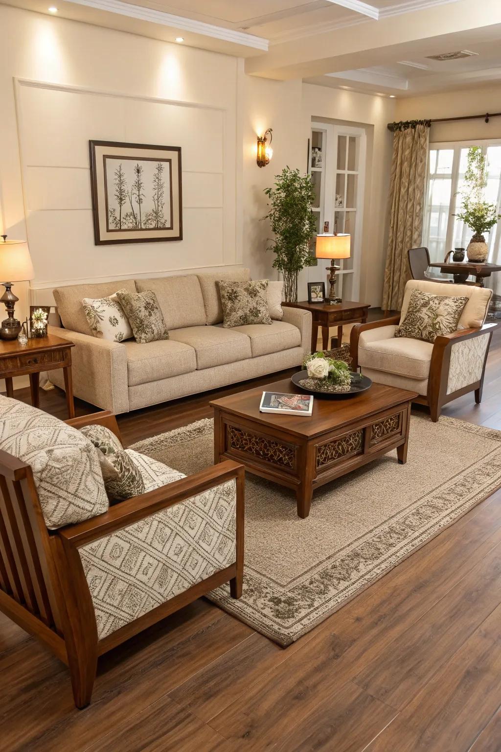 Matched home furnishings and flooring fashion a harmonious, cohesive aesthetic.