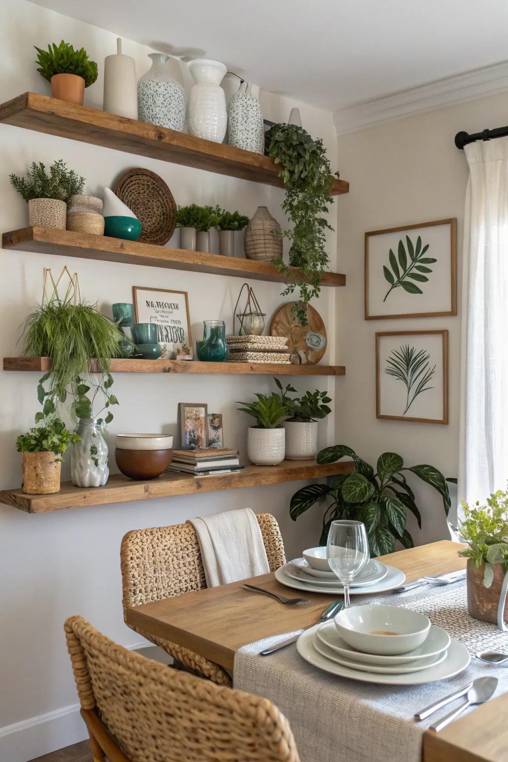 Wall-mounted shelves offer a stylish and practical storage option.