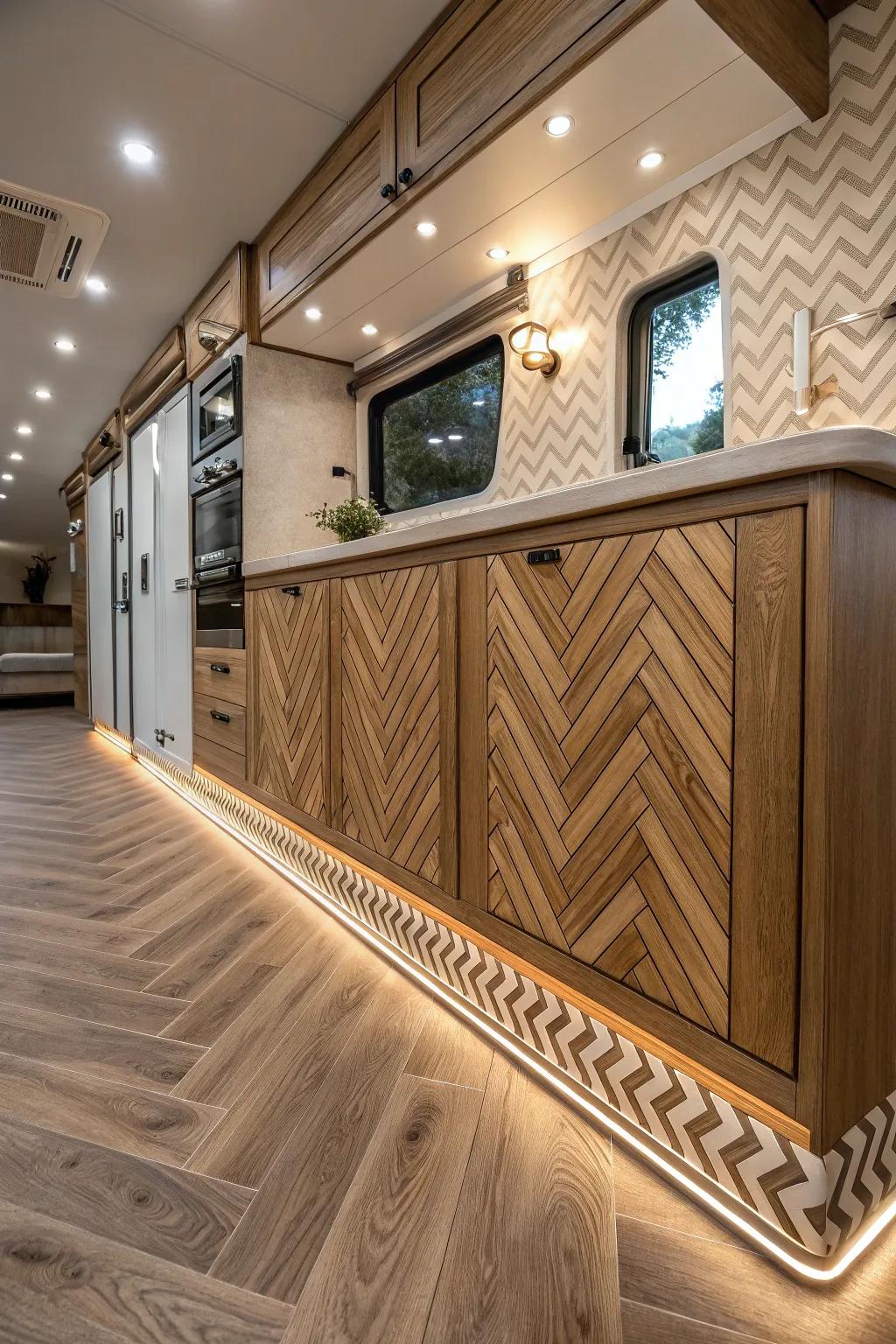 Mixing chevron and herringbone designs adds style and complexity to your skirting.
