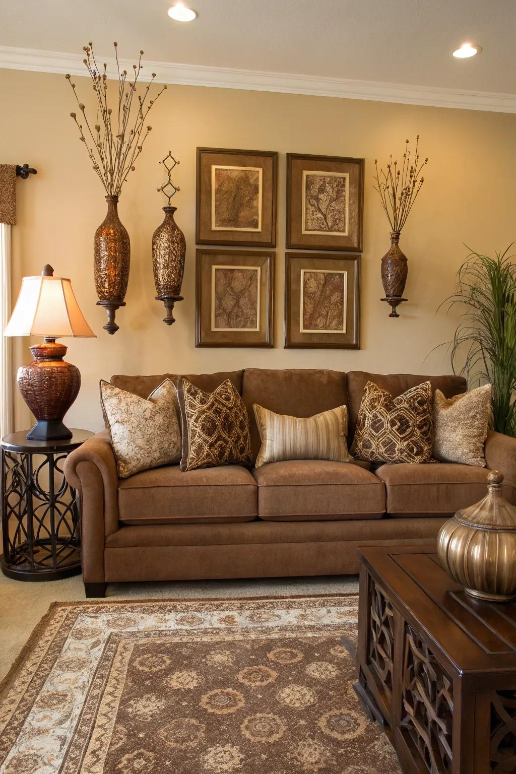Symmetrical features establish a balanced and harmonious space around the chocolate-brown sofa.