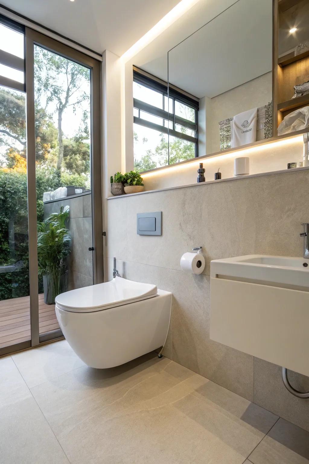 A wall-attached toilet adds to a clean and streamlined look.