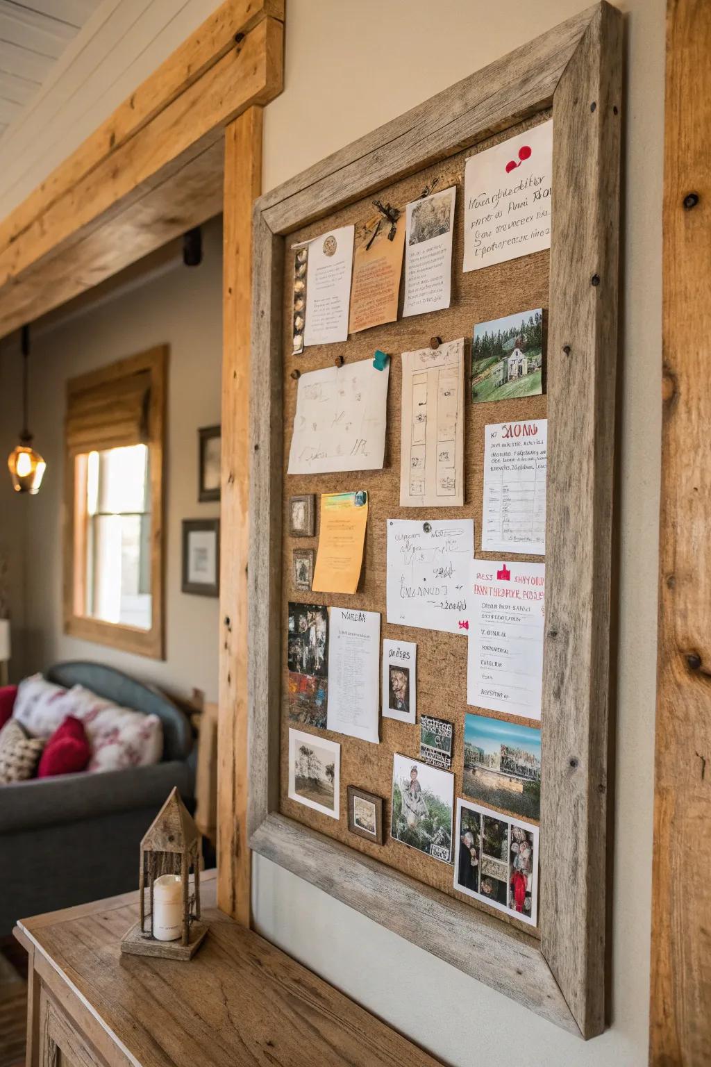 Reclaimed wood frames introduce warmth and rustic charm to bulletin boards.