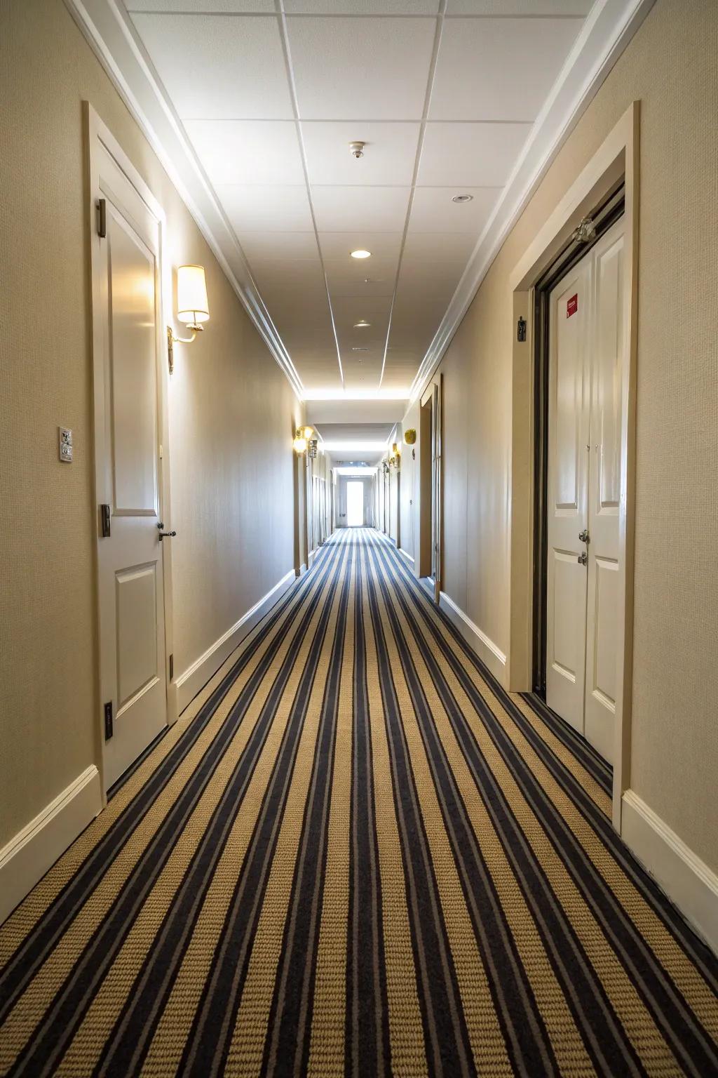 Hallway featuring a striped carpet for a visually elongated effect.