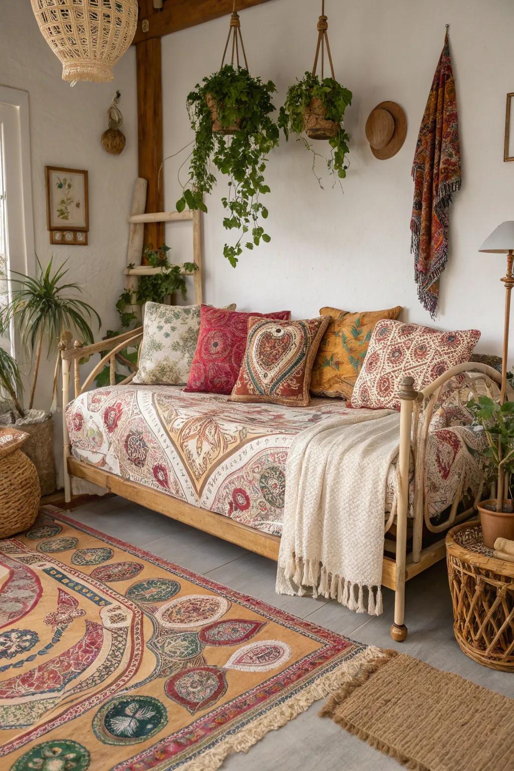 Paisley patterns introduce a boho flair and depth to a daybed.