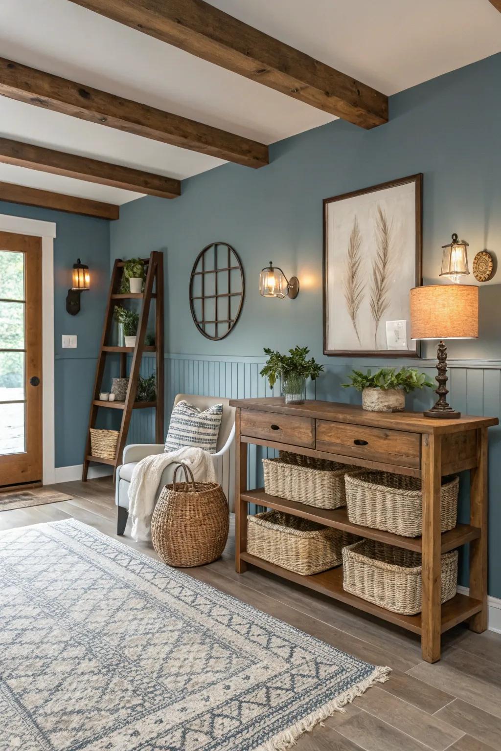 Unique colors like misty blue bring a refreshing change to this farmhouse interior.