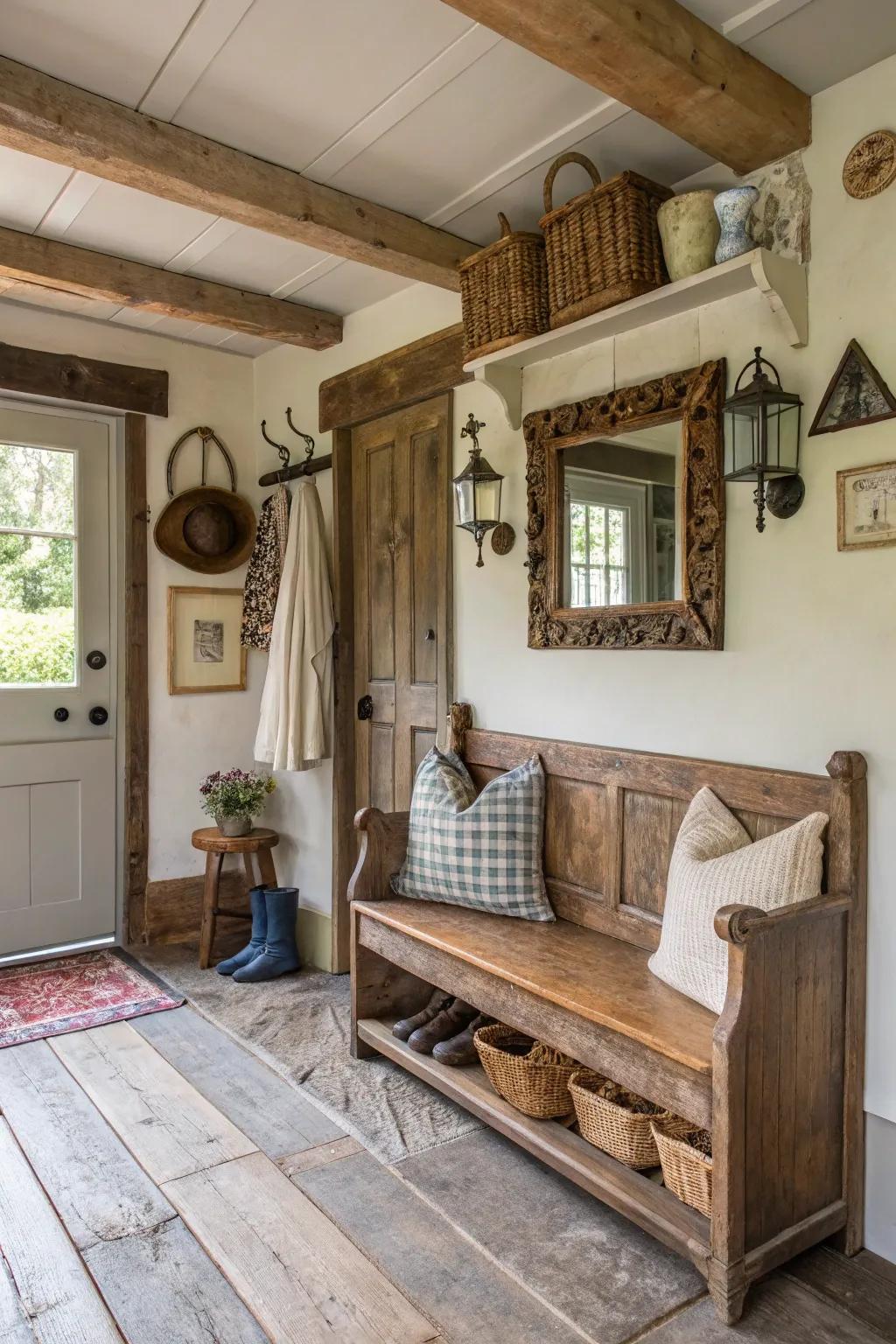Unique mudroom with vintage bench and decor elements.