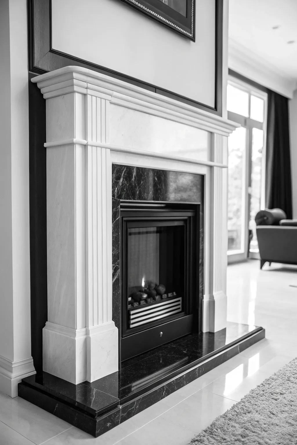 A monochrome fireplace that contributes bold sophistication to the space.
