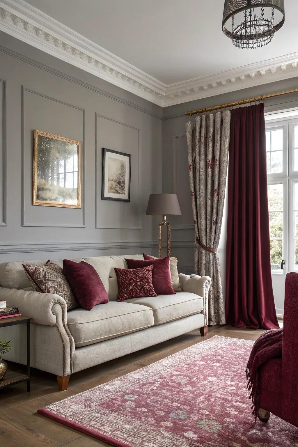 Living room with grey walls and burgundy accent decor.