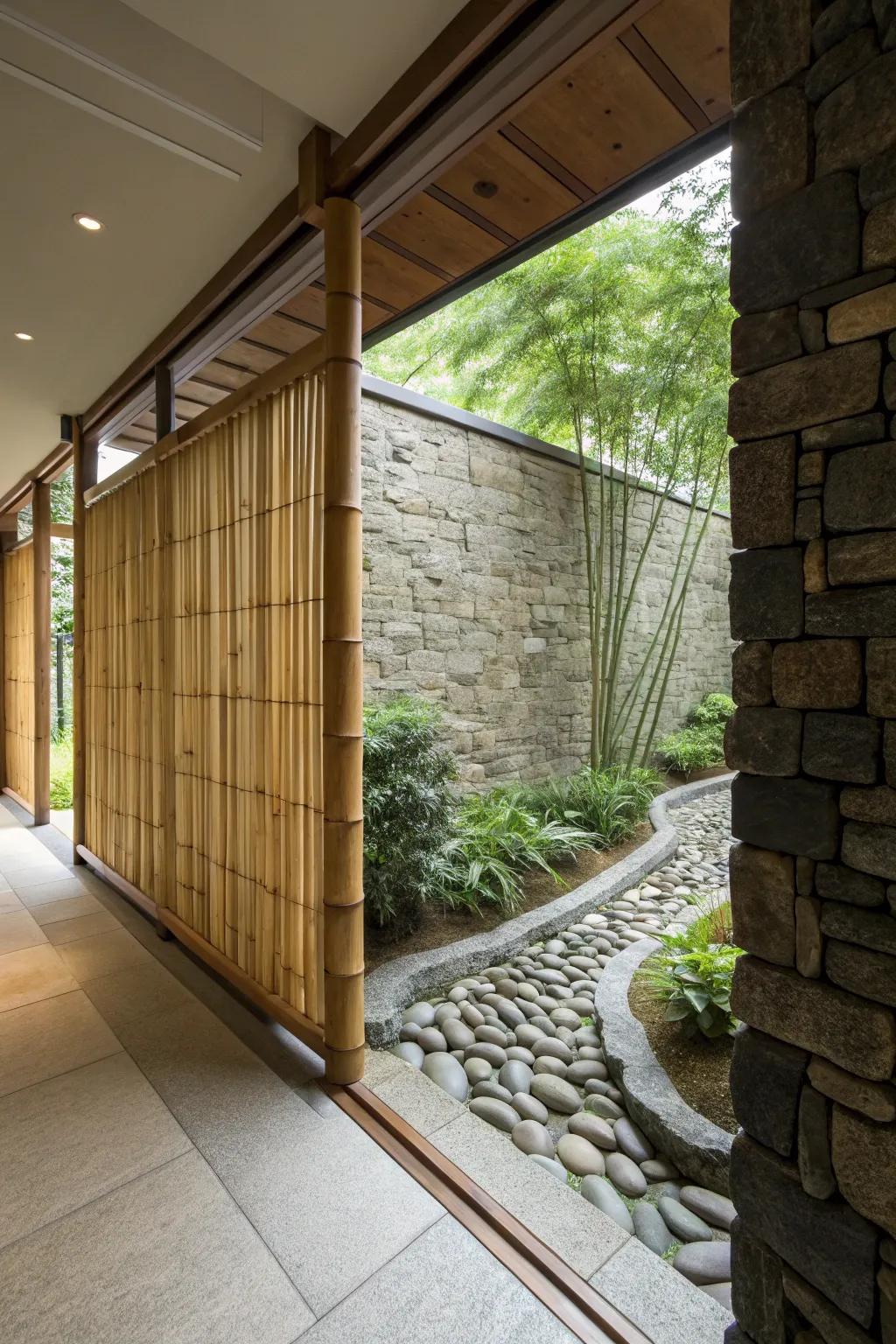 Natural materials across a half wall offer a tranquil, zen ambiance.