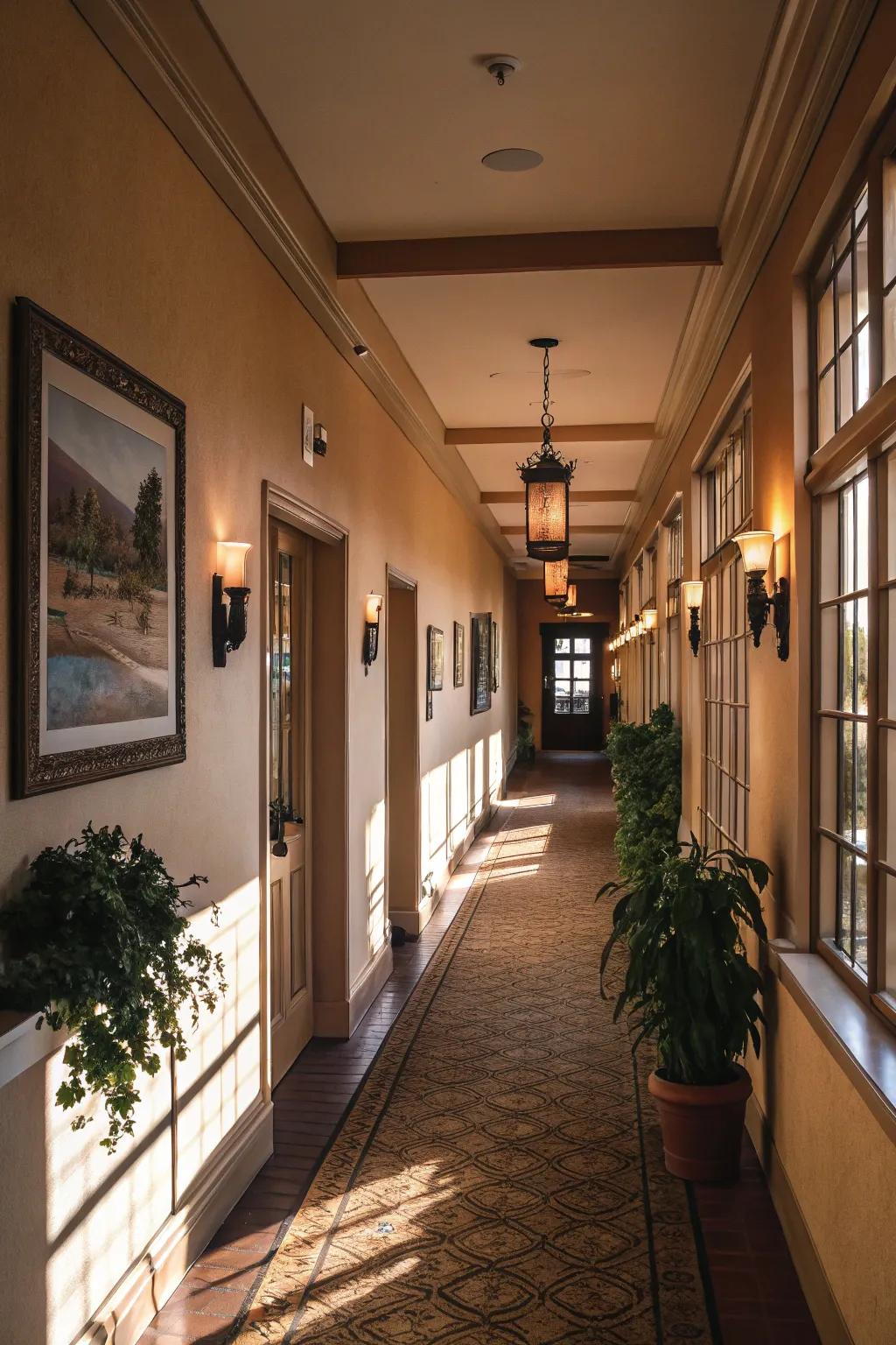 Multi-tier lighting adds depth and enhances the hallway's mood.