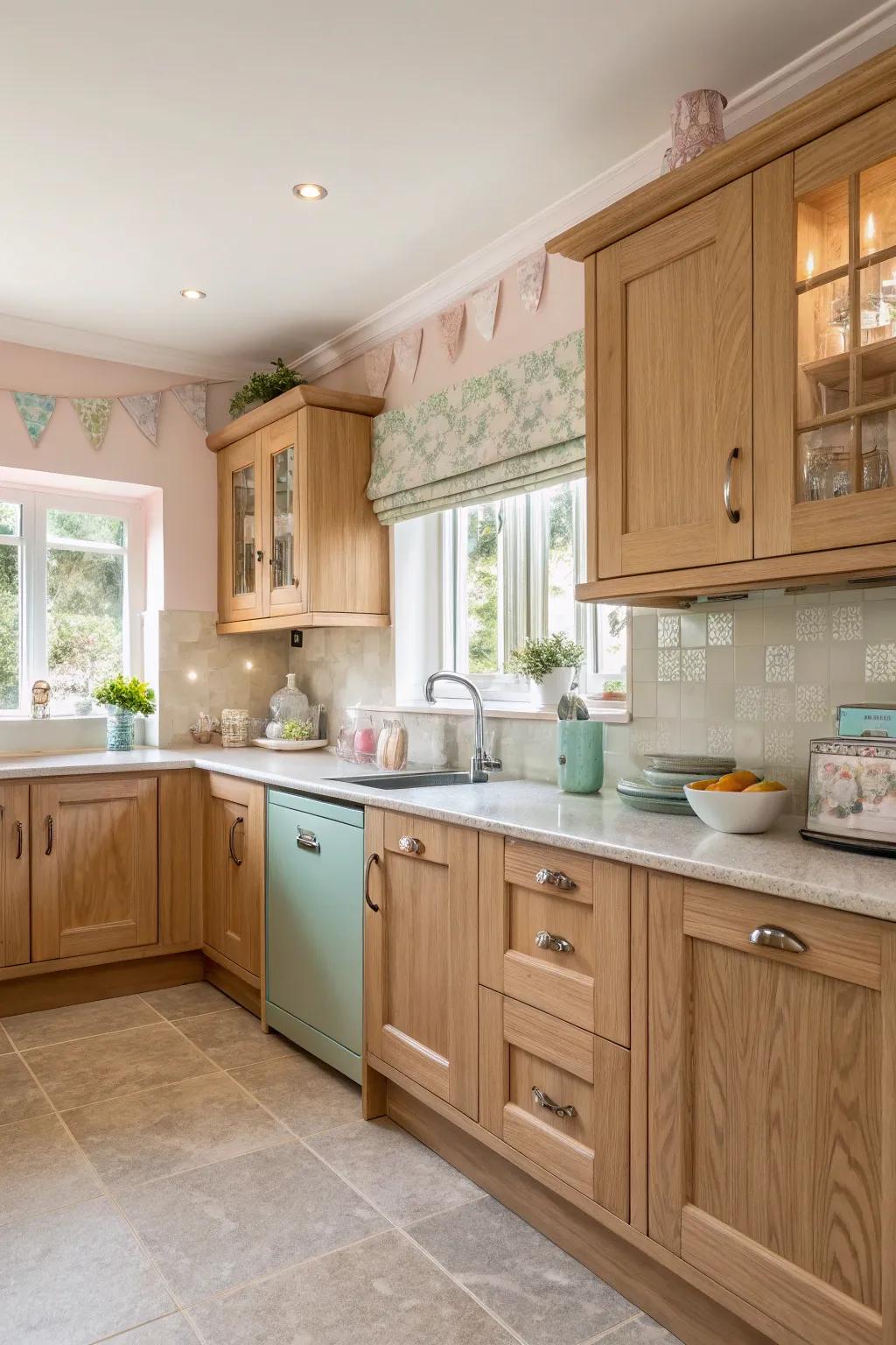 Soft tones introduce a calming, subtle effect to oak cabinet kitchens.