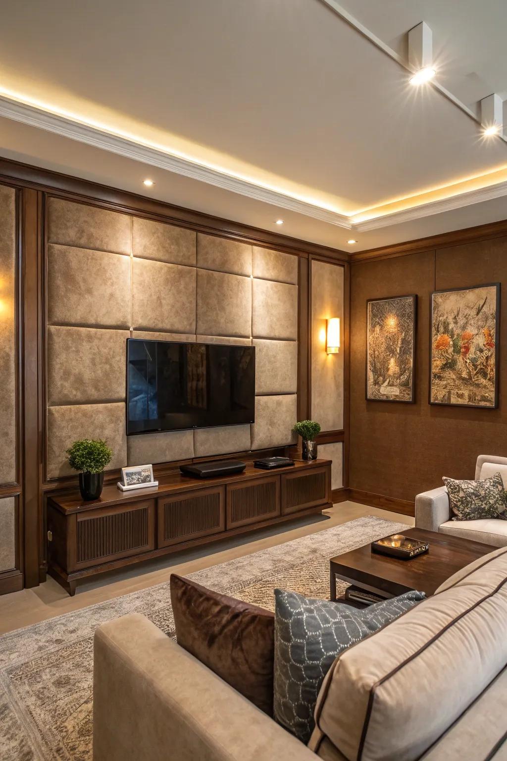 A suede backdrop enhancing luxury and elegance in a media wall.