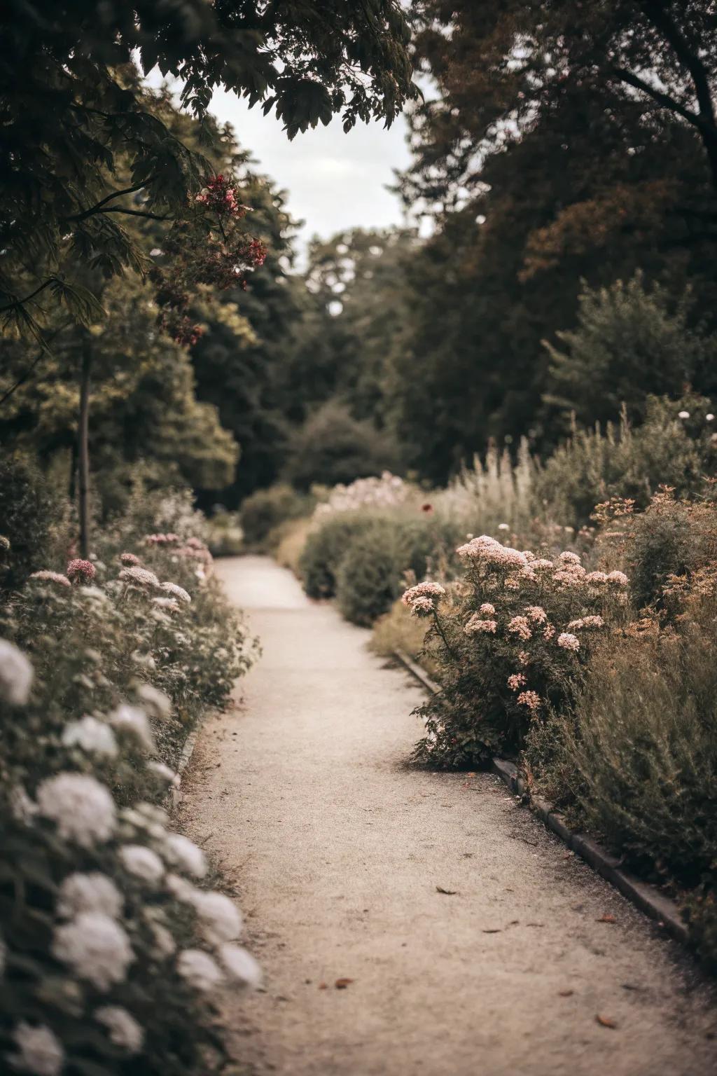 A garden path employing monochromatic tones for a harmonious effect.