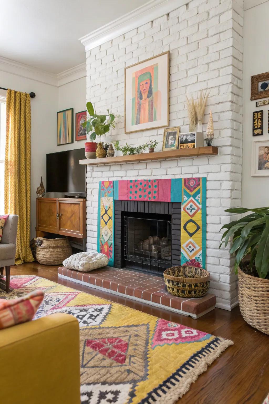 Varied colors and patterns bringing charm to a painted fireplace.