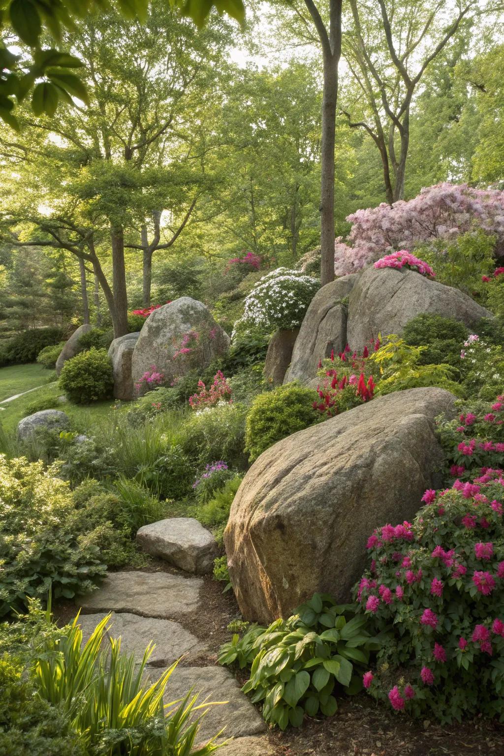 Boulders act as natural focal points, grounding the garden design.