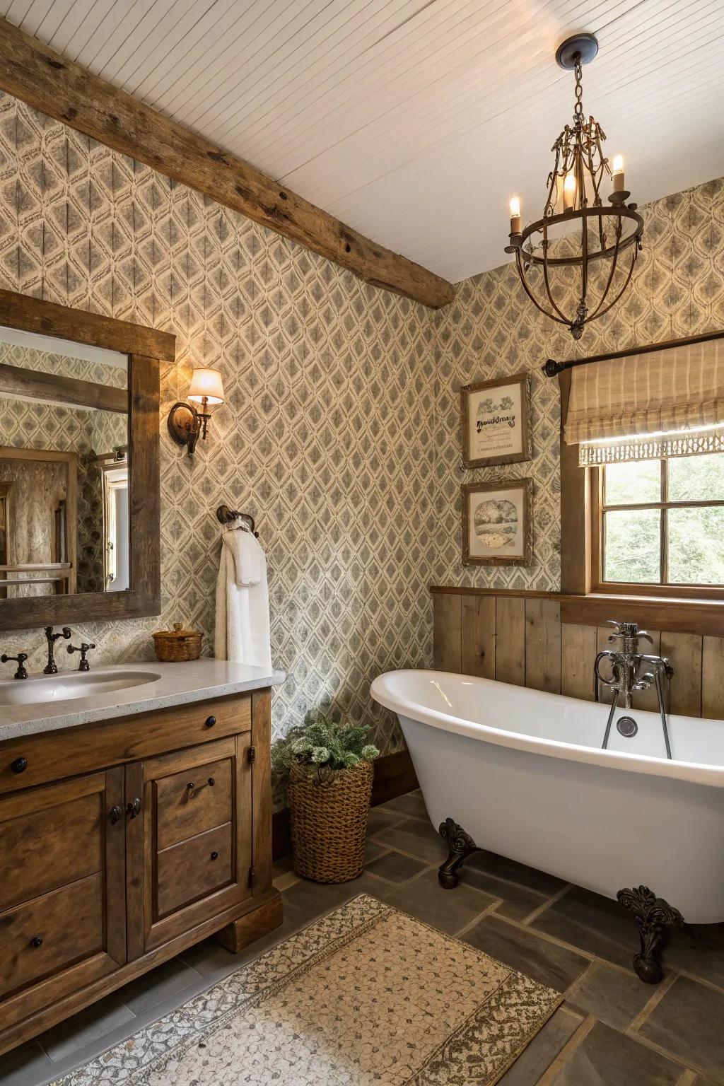 Textured wallpaper introducing a unique character to the rustic area.