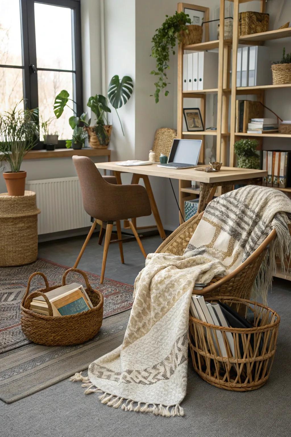 Braided fabrics add a handmade touch and texture to a rustic office.