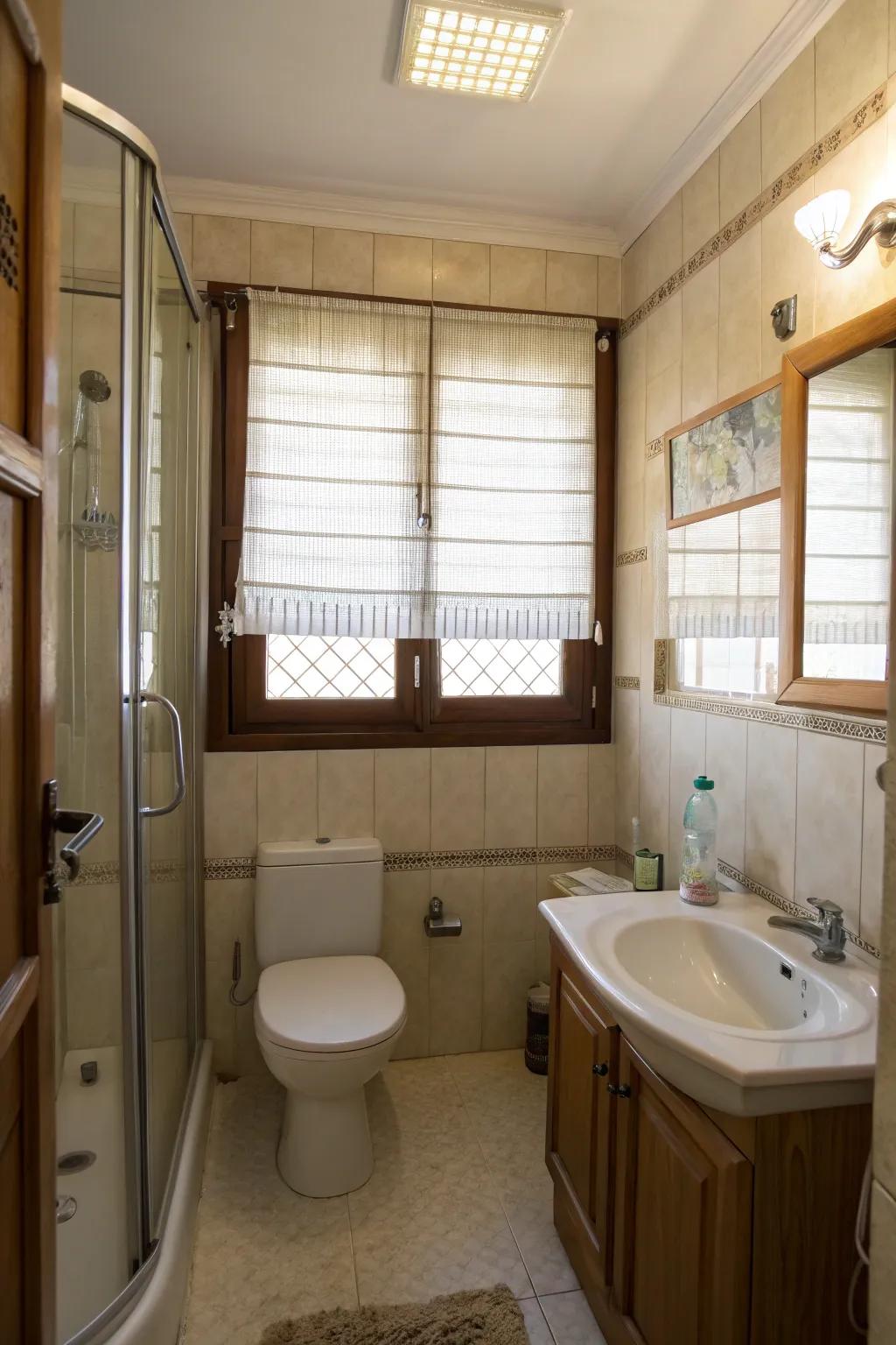 Translucent shades add privacy and light to this small bathroom.