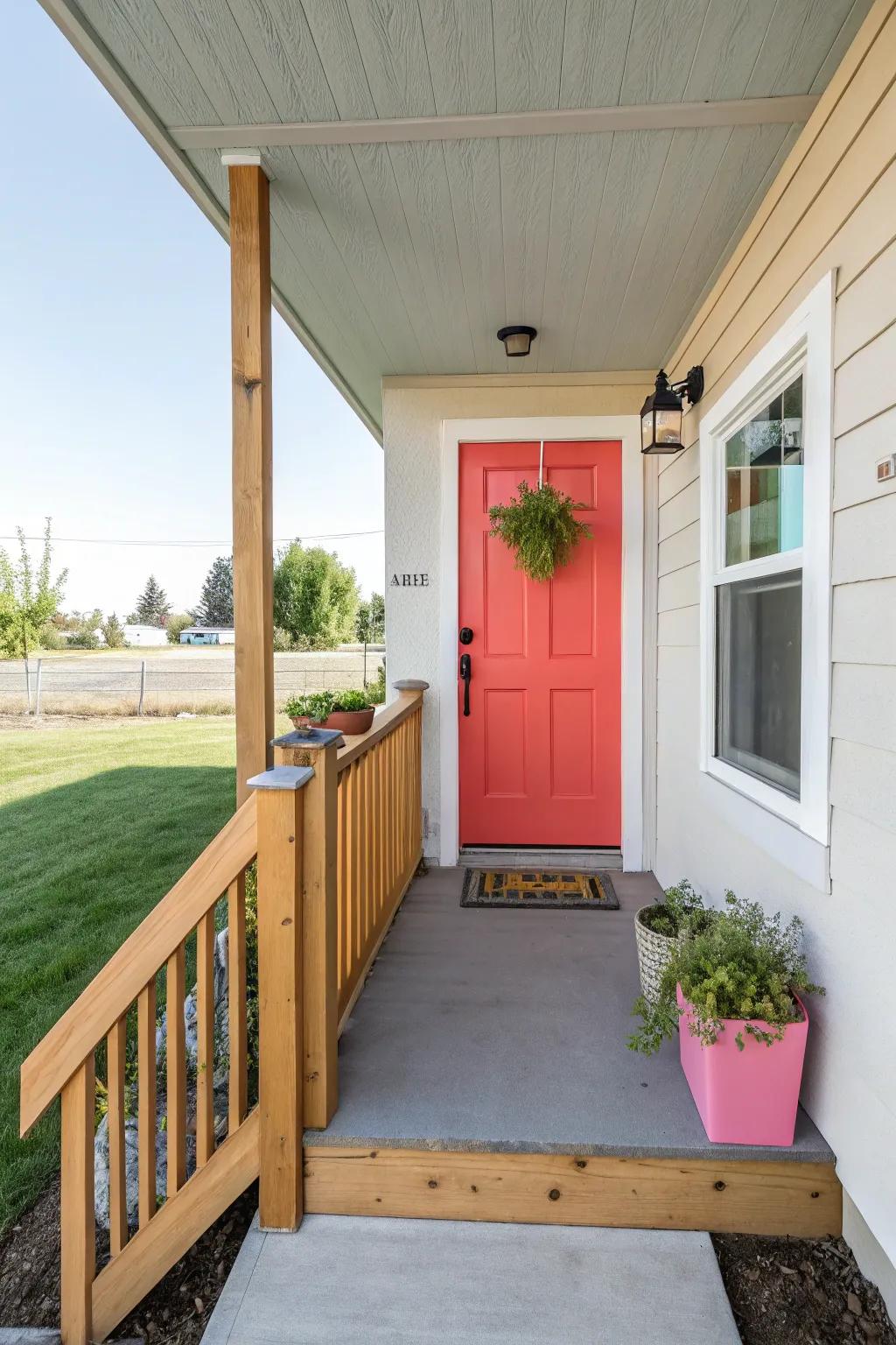 A compact front porch with an entrance painted in a strong shade for added charm.