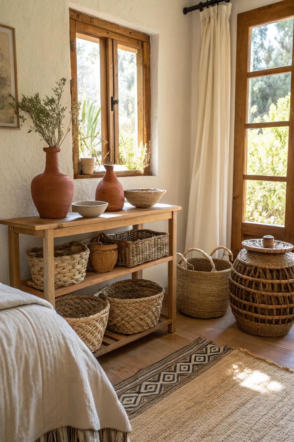 Artisanal accents contribute a personal touch to a modern Spanish bedroom.