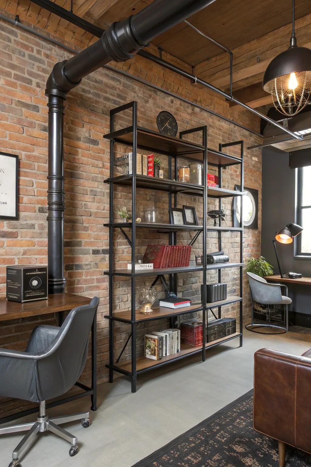 Industrial accents such as metallic pipes inject an edgy touch.
