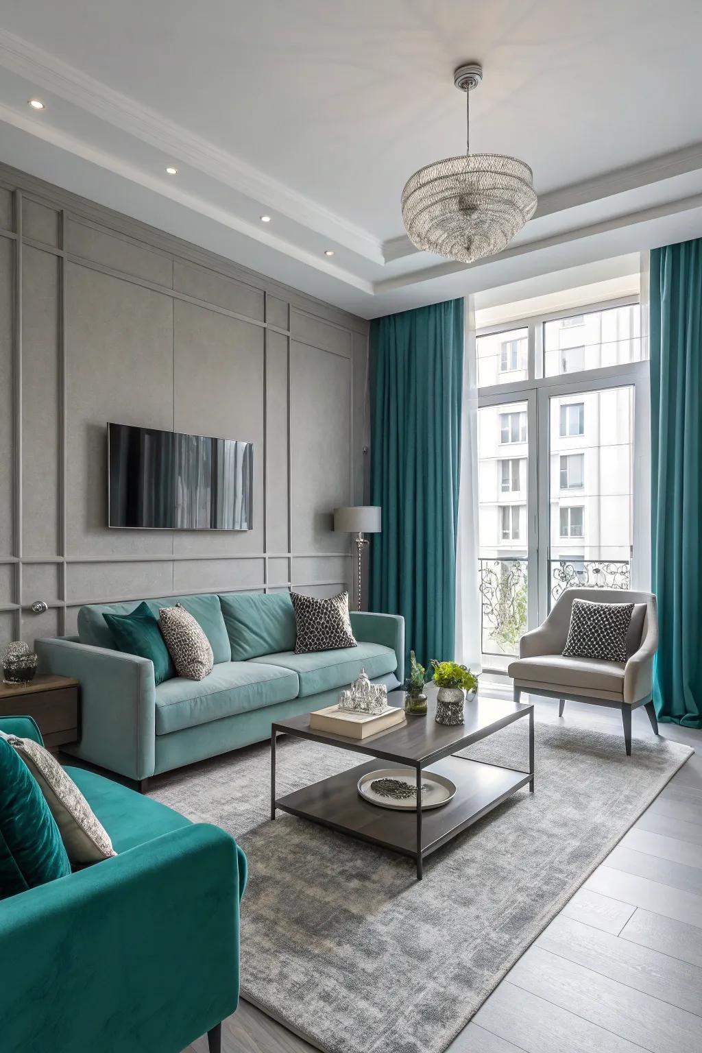Modern furniture enhances the teal and gray living room.