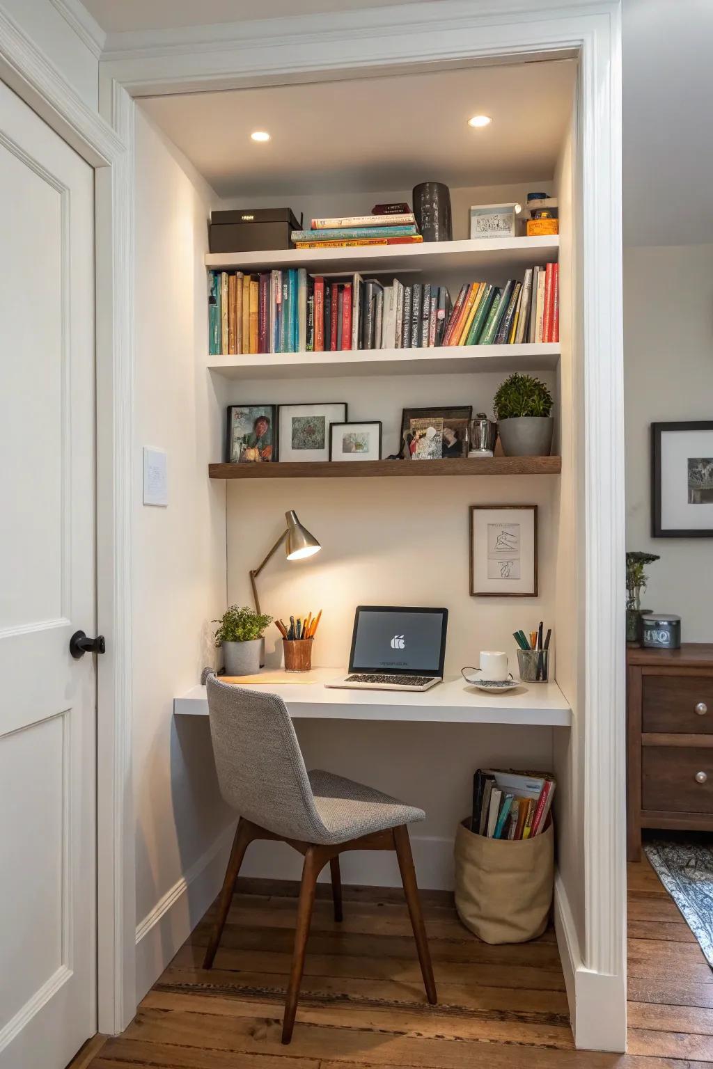 A wall niche turned into a small work area with a desk and shelves for being useful.