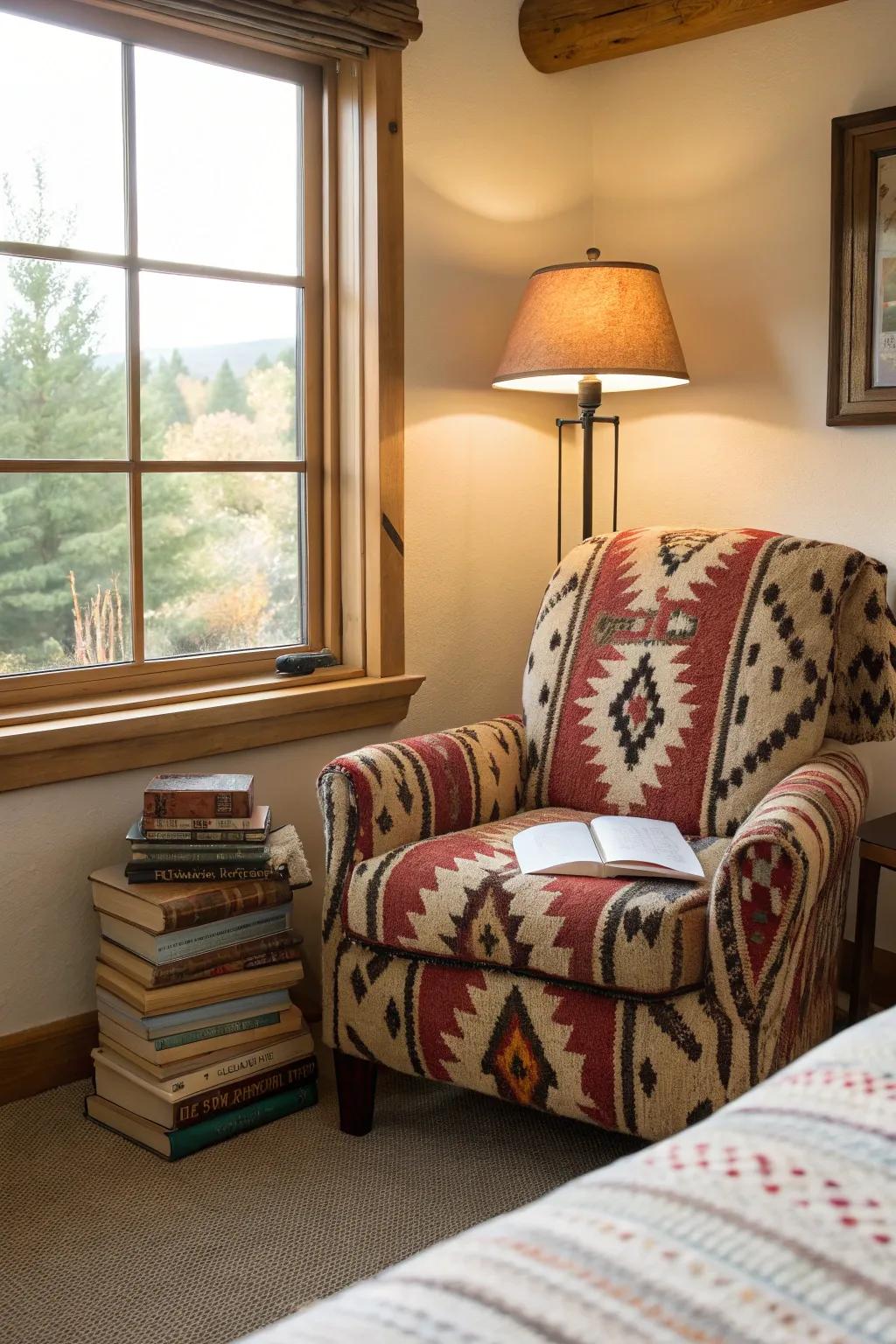 A cozy reading spot incorporates comfort and charm.