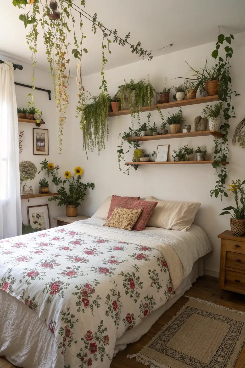 A bedroom with botanical elements and preserved flowers.