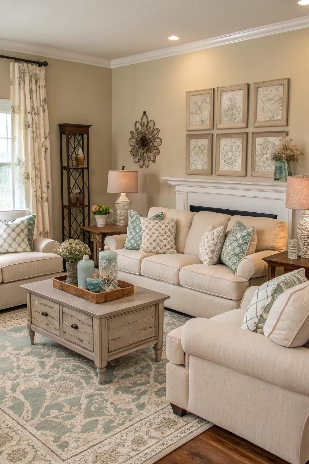 Tonal color palette creating cohesion in an atmospheric living space.