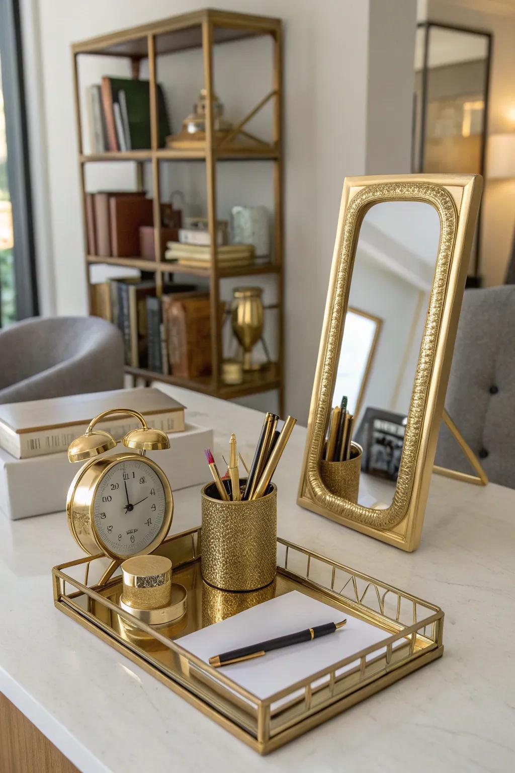 Metal details add a luxurious shine to this sophisticated office.